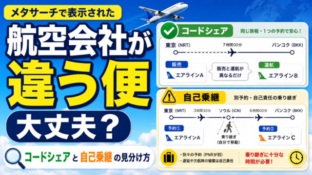 スカイスキャナーで航空会社が違う便は大丈夫？コードシェアと自己乗継の見分け方
